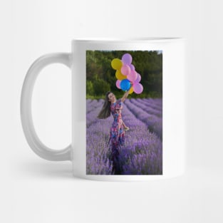 Woman with balloons in a lavender field Mug